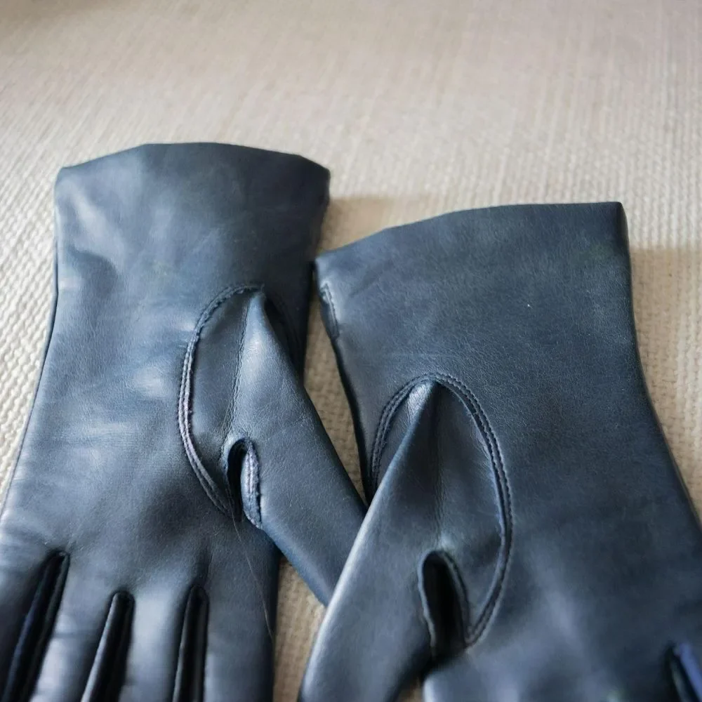 Vintage Navy Vinyl Leather Winter Retro Embossed Lined Women's Gloves
